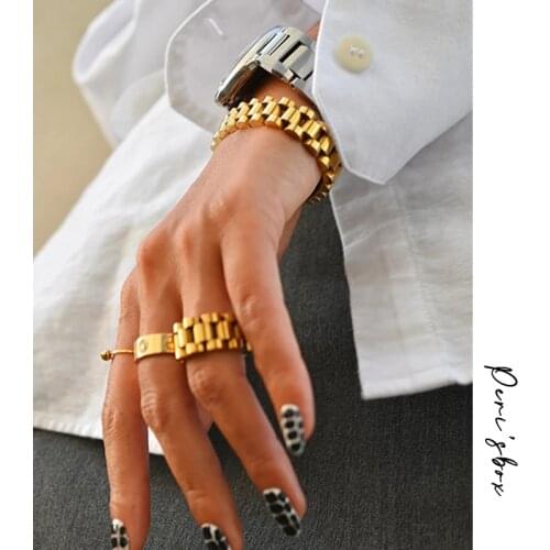 Perisbox Solid Gold Color Bold Heavy Thick Bangle for Women Classic Wide Link Chain Strap Stackable Bangle Stainless Steel