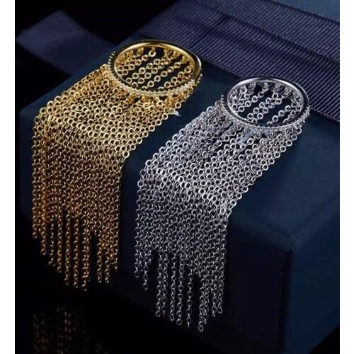 SLJELY Luxury Zircon Pure 925 Sterling Silver Chain Tassel Round Cuff Finger Ring Design Long Chain Women Wedding Party Jewelry