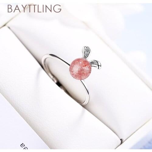 BAYTTLING 925 Sterling Silver Cute Rabbit Strawberry Crystal Open Ring For Woman Charm Wedding Jewelry Couple Ring Gift