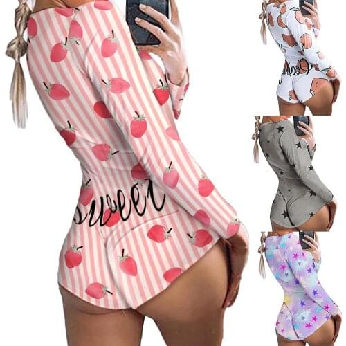 Women Heart Flower Print Sexy Long Sleeve Deep V Neck Slim Sexy Jumpsuit Bodysuit Printed Button Sleepwear Romper Leotard