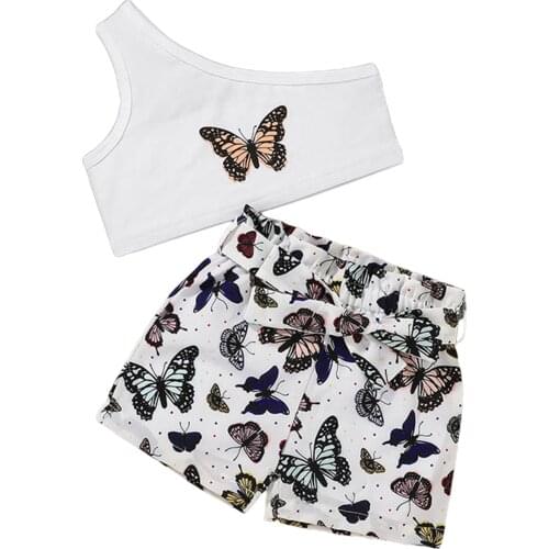 Citgeett Summer Kids Baby Girls Suit Set Butterfly Print One-Shoulder Sleeveless Short Tops+ Shorts Clothes Set