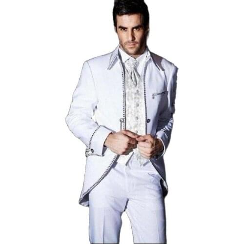 Handsome White Mens Toast Business Suits Groom Tuxedos 3 Piece Coat Wasitcoat Trousers Sets (Jacket+Pants+Vest+Tie) W:143