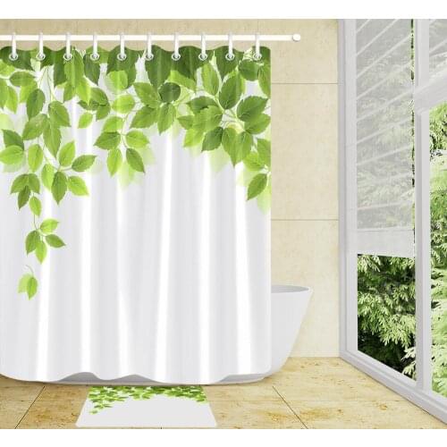 LB Green Beech Leaves Printed Fabric Shower Curtain Waterproof Polyester Shower Curtain Set With Hooks Bathroom Decoration