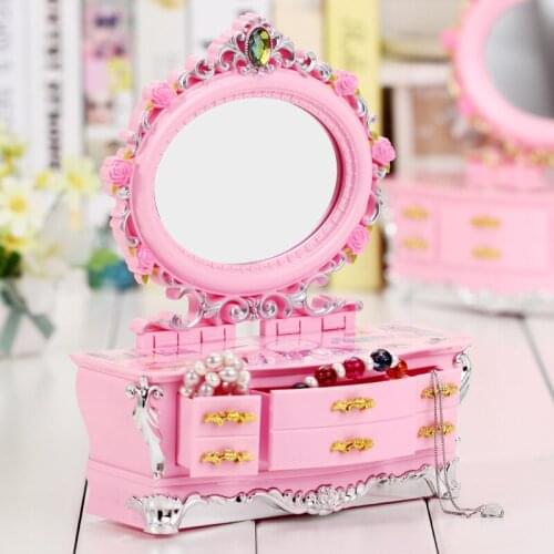 Fashion Dressing Table Decoration Music Box with Mirror Drawer Jewelry Storage Box Dressing Table Music Box Plastic Ornaments