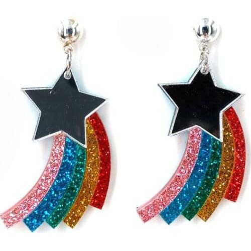 Fashion Trend Acrylic Rainbow of Five Colors Tassel Eardrop Personal Temperamental Black Five-pointed Star Lovely Earrings
