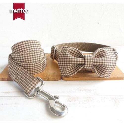 MUTTCO durable dog collar THE COFFEE PLAID personalized pet supplies handmade puppy collar leash set with bow tie UDC072