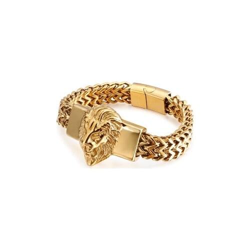 Top Sale Figaro Chain Mens Bracelet Stainless Steel Gold Color Lion Head Bracelet High Quality Mens Cuff Bracelet 8.66 inch
