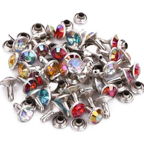 Newest 50sets Colorful Diamond Rhinestone Double Caps Rivets Acrylic Diamond Studs Leather Craft Bag Clothes Belt Decoration DIY