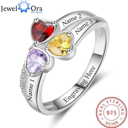 Heart Birthstone Personalized Engrave 3 Name Ring 925 Sterling Silver Anniversary Jewelry Gift For Mom (JewelOra RI103260)