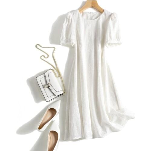 Summer Women Loose Plus Size Petite Japan Style Hollow Out Embroidery Comfortable Breathable Water Washed Cotton Pullover Dress