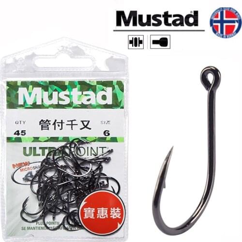 Mustad 10104 Durable Fishing Hooks Strength Stream Seapole High Carbon Steel Barbed Hook with Ring Pesca Fishhooks Peche 1#-10