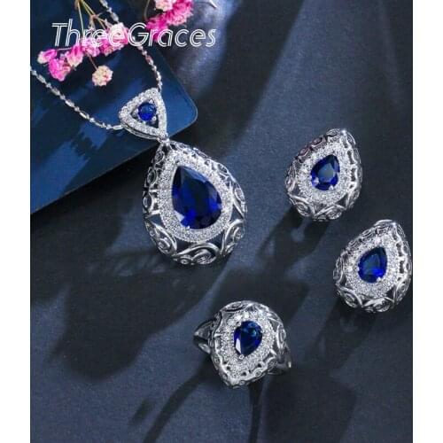 ThreeGraces Elegant Blue Sapphire 925 Sterling Silver Cubic Zirconia Pendant Necklace Earring Rings Jewelry Sets for Women JS137