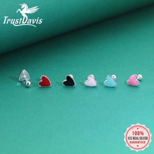 TrustDavis Real 925 Sterling Silver Fashion Sweet Glaze Heart Screw Stud Earrings For Women Wedding Party Fine Jewelry DA3011
