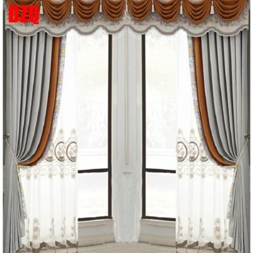 Custom Curtains Living Room Upscale European Embroidery Thick Velvet Orange Cloth Blackout Curtain Tulle Valance Drape