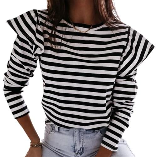 Women Fashion Autumn Striped Ruffles Sleeve Leisure Blouse Long Sleeve O Neck Pullover Tops