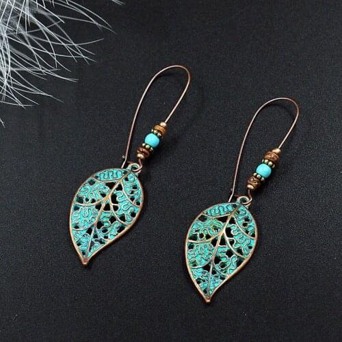 Vintage Green Leaf Hoop Earrings with Pendants for Women Ethnic Bohemia Beads Pendant Drop Ear Cuff Earrings Hoop