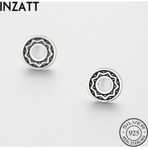 INZATT Vintage Real 925 Sterling Silver Hollow Round Stud Earrings Sunflower Totem Casual Accessories For Women Jewelry Gift