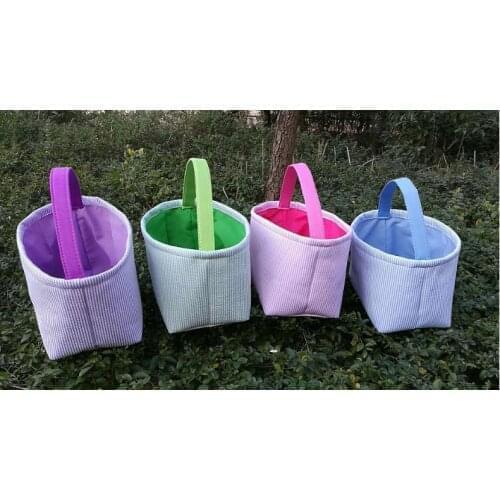 100pcs Easter Baskets Seersucker Stripe Easter Pail Kids Toy Storage Baskets Tote Handbag Egg Candies Holder 4 Colors