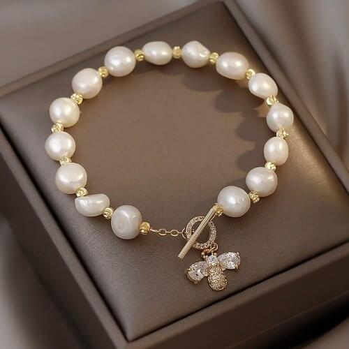2021 Korean new design fashion jewelry natural pearl luxury bee zircon adjustable female prom party bracelet