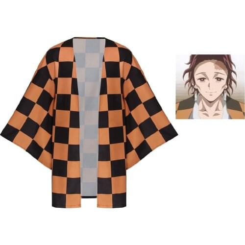 Anime Kimetsu no Yaiba Kamado Tanjuurou Cloak Cosplay Costume Demon Slayer Kimono Uniform Grid Halloween Capes