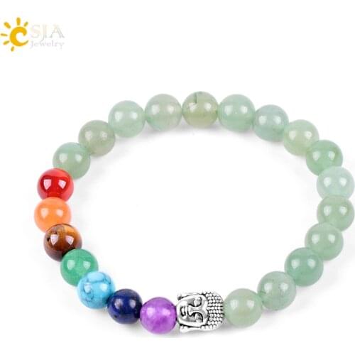 CSJA 8mm Natural Stone Beads Reiki Buddha Bracelets Green Aventurine 7 Chakra Energy Men Women Meditation Handmade Bracelet E330