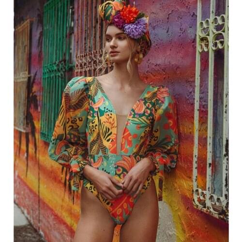 One Piece Swimsuit 2021 Long Sleeve Swimwear Women Swimsuit Backless Printed Bathing Suit Beachwear Monokini