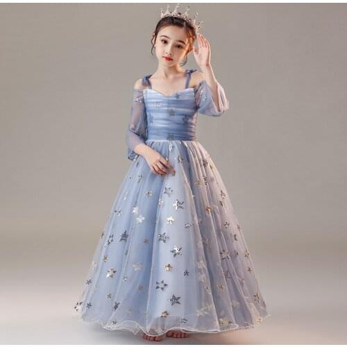 Flower Girls Dresses Spaghetti Straps Sequined V-Neck Three Quarter Lace Tulle Ball Gown Tiered Floor-Length Princess Skirt D191