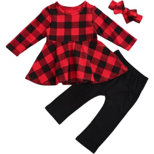 1-5Y Infant Kids Baby Girls 3Pcs Set Long Sleeve Plaid Tops Dress Shirt Pants Headband Spring Autumn Christmas Clothing