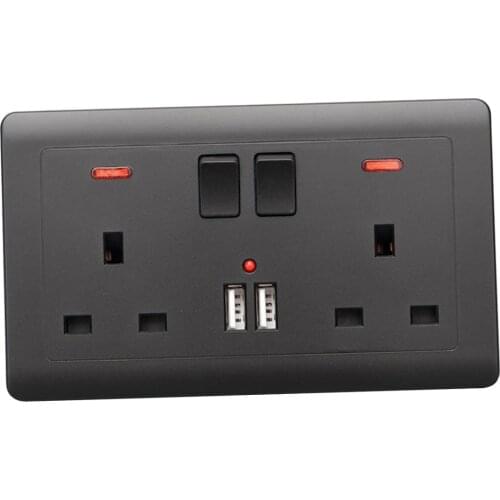 Double Wall UK Plug Socket 2 Gang 13A 2 USB Charger Port Plate Black