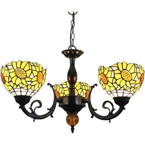 European retro creative Tiffany stained glass restaurant bedroom bar pastoral yellow sun flower 3 heads chandelier lamps