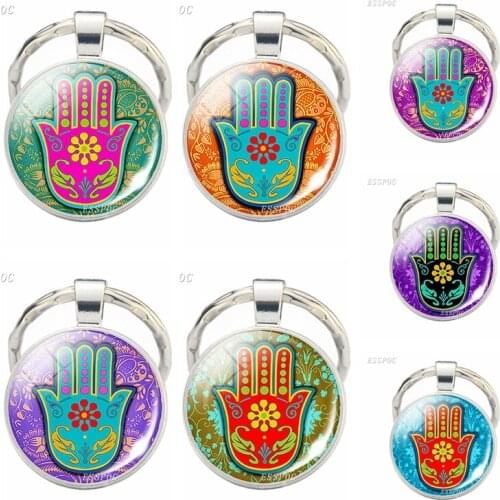 Hamsa Pattern Silver Color Keychain Yoga Hand of Fatima Judaica Fashion Glass Jewelry Pendant Key Chain Car Keyring Best Gifts