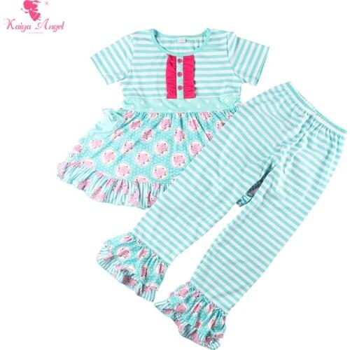 Kaiya Angel 2019 New Summer Set Girl Blue and White Striped Pants Knee Length Dress Ruched Short Sleeve 5pcs a lot Wholesale