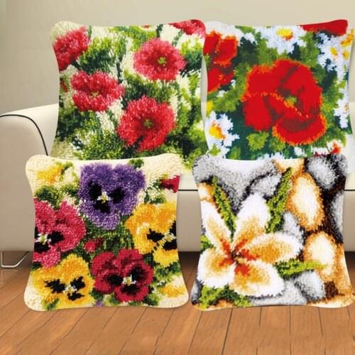 Beautiful Flowers Embroidery Hand Knitted Pillow Materials Plant Series DIY Handcraft Section Embroidered Coarse Wool Carpet