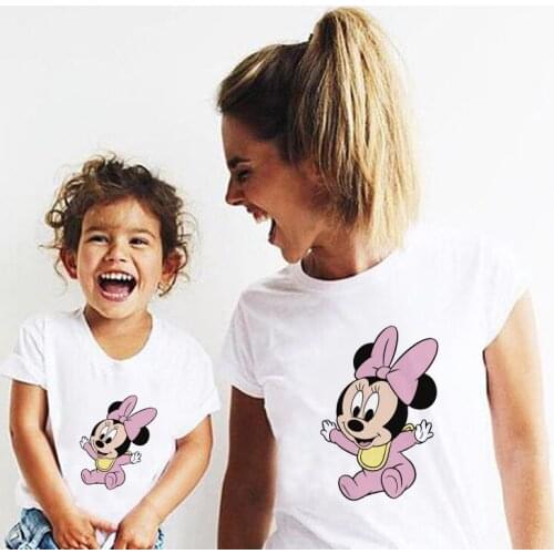Summer Family Clothes Short Sleeve Baby Mickey Minnie Tshirt White O-neck Family Matching Outfits Family Look T-shirt Kids Tops