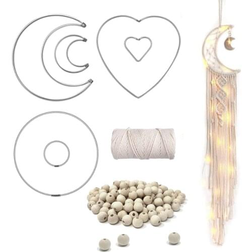 Macrame Ring Set Moon Heart Circle Shape Dreamcatcher Rings with Macrame Rope 100 Pieces Wooden Beads for DIY Dream Catcher