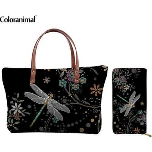 Coloranimal Fashion Dragonfly Pattern Ladies Shoulder Bag Big 2Pcs/Set Handbag With Purse Beach Bag Shopping Bag for Women 2020