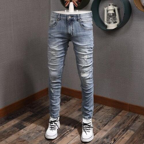 Fashion Ripped Light Blue Jeans Men Summer Streetwear Casual Cotton Slim Fit Stretch Denim Pants