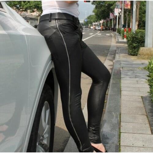 Side zipper personality faux leather tight trousers mens pants mens feet trousers fashion pantalon homme street novelty black