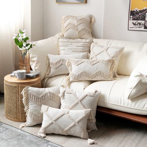 Boho Style Cushion Cover 45x45cm/30x50cm Beige Pillow Cover Cotton Linen Tufted Tassles Pillow Case for Home decoration Sofa Bed