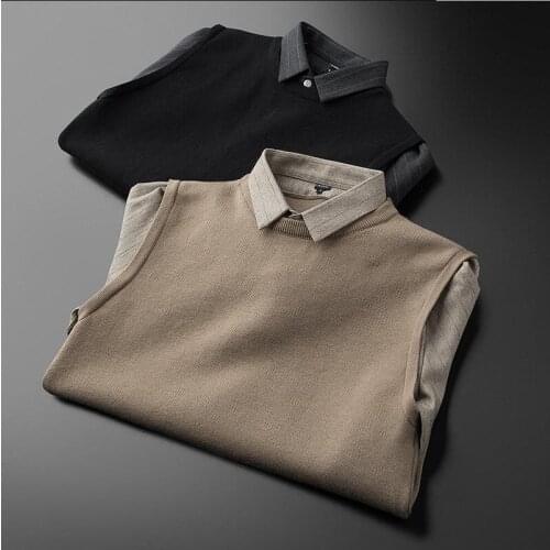 2021 Spring Autumn New Fashion Knit Pullover Mens Fake Two Shirt Collar Sweater Casual Long Sleeve Jumper Mens Warm Clothes E206