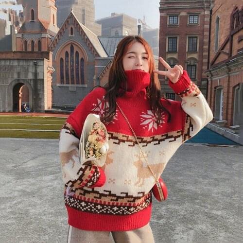 2020 Winter New Small Fresh Knit Sweater Top Christmas Lazy Style High Neck Pullover Sweater Female Korean Version Loose