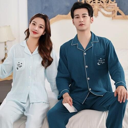 Couple Pajamas Double Layer Pure Cotton Gauze Long Sleeve Sleep Tops Pants Men Pajamas Sets Household Clothes Satin Set Pijamas