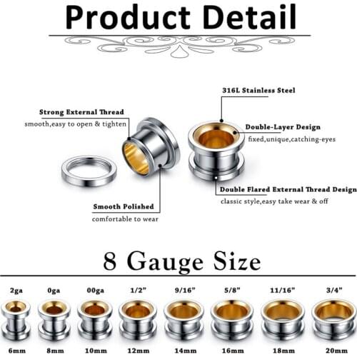 PiercingJ 6mm-20mm Stainless Steel Double-flared Ear Gauges Plugs Tunnels Stretcher Screw Barbell Stud Earrings Jewelry