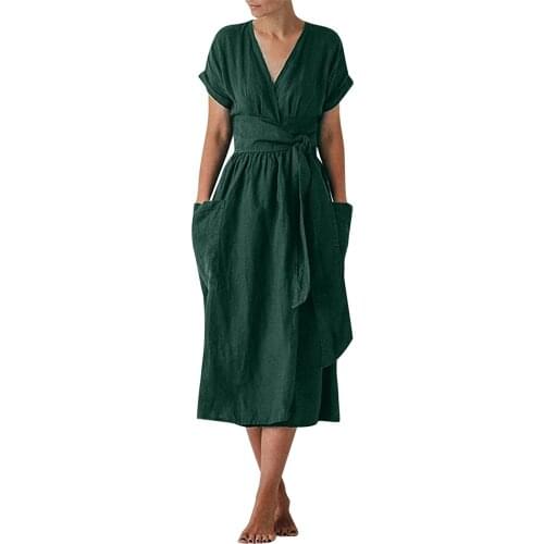 V-neck Dresses Casual Solid Mid-calf Dress Short Sleeve Dress Pocket Sashes Oversized Loose Vestidos Mujer Harajuku Sukienka