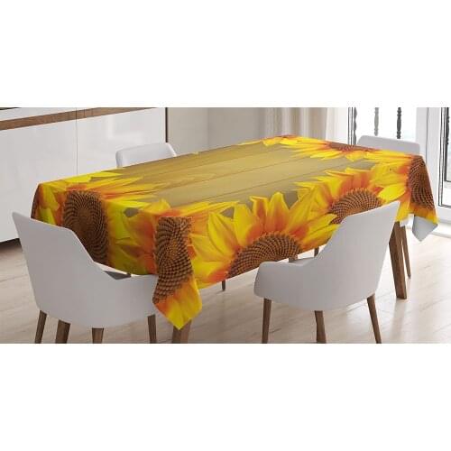 Sunflower Arranged in a Circle on a Wooden Background Flower Dining Room Kitchen Rectangular Table Cover