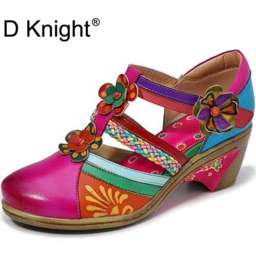 Retro Bright Color Flower Wedge Sandals For Woman Round Toe Genuine Leather Mary Janes Hollow Sandals Shoes Woman Handmade Pumps
