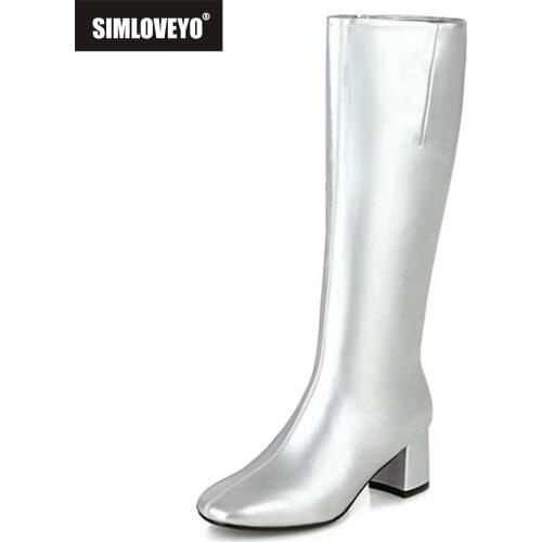 SIMLOVEYO 2021 Ladies Knee High Boots Sexy Zip Short Plush Square Toe 6CM Block Heel Size 31-49 Black Silver Apricot Brown A4438