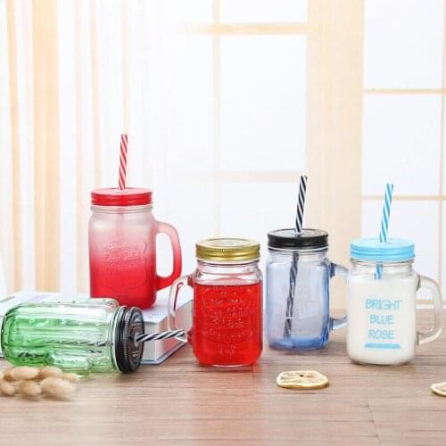 Mason Jar Bottle For Ice cream Fruit Juice Installed Cold Drink Infusion Glass Water Bottles Cold Drink Cups Straw Storage S108C