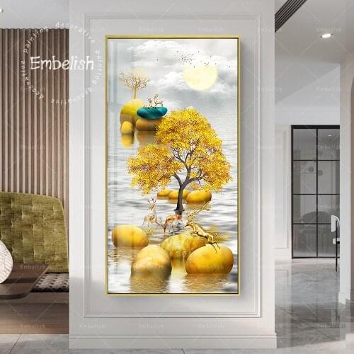 Embelish Sunrise Lake Landscape Wall Pictures For Living Room Golden Trees Deer Animal Posters Home Decor Canvas Paintings