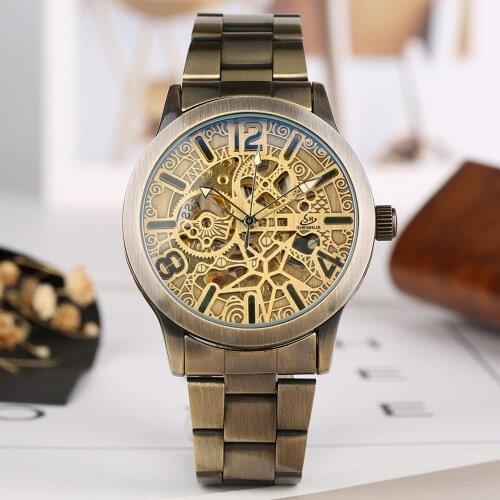 Vintgae Bronze Tone Mechanical Watch for Men Automatic-self-winding Skeleton Mechanical Watch for Teenagers Fluorescent Pointers